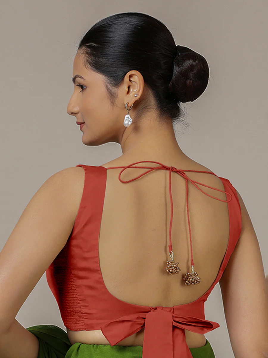 Raisa x Rozaana | Crimson Red Sleeveless FlexiFit™ Saree Blouse with Simple V Neckline and Back Cut-out with Tie-Up - Image 2