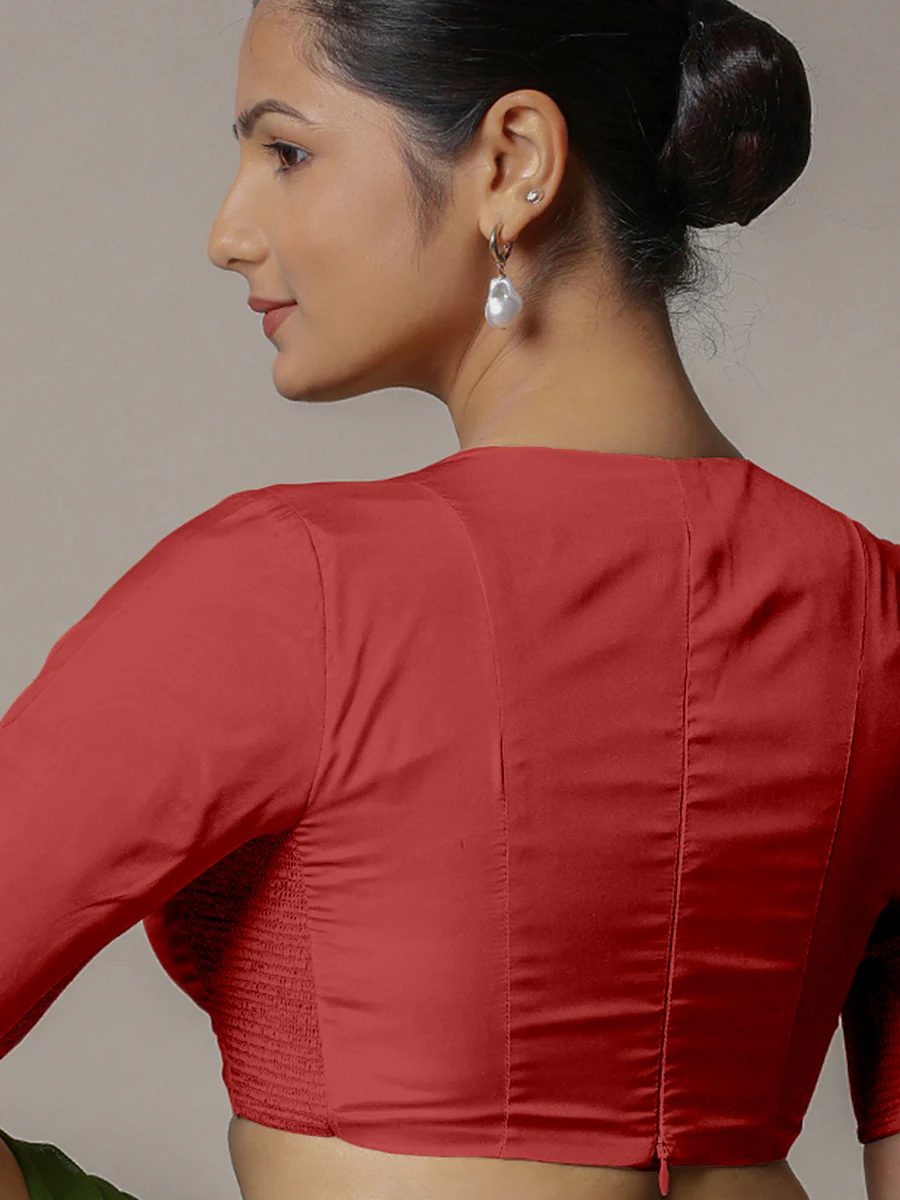 Zeenat x Rozaana | Crimson Red Elbow Sleeves FlexiFit™ Saree Blouse with Plunging Neckline - Image 2