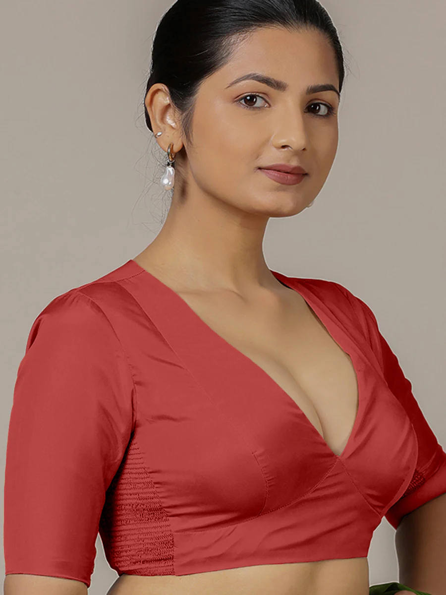 Zeenat x Rozaana | Crimson Red Elbow Sleeves FlexiFit™ Saree Blouse with Plunging Neckline - Image 8