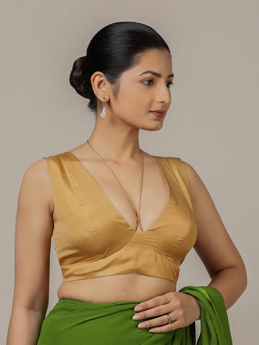Ahana x Rozaana | Gold Sleeveless FlexiFit™ Saree Blouse with Plunging Neckline and Back Cut Out with Tie-up - Image 5