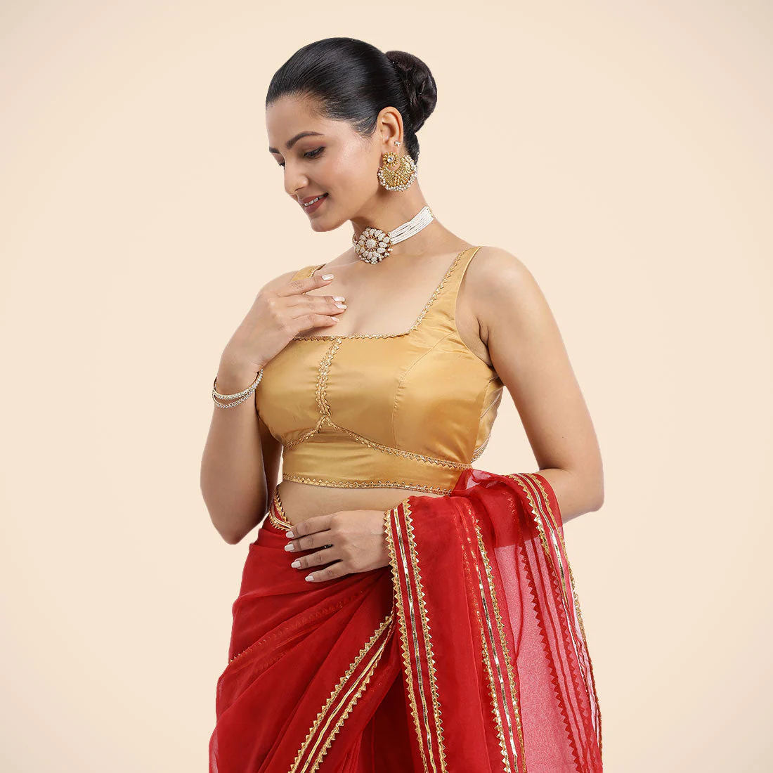 Arya x Tyohaar | Gold Sleeveless FlexiFit™ Saree Blouse with Square Neck and Back Window Embeliished with Golden Gota and Pearl Lace - Image 3