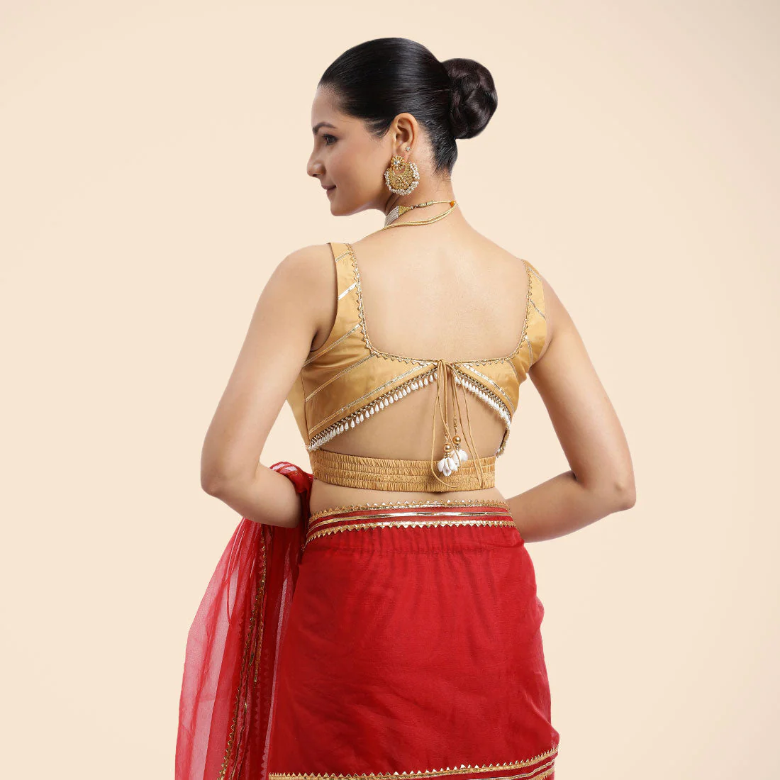 Arya x Tyohaar | Gold Sleeveless FlexiFit™ Saree Blouse with Square Neck and Back Window Embeliished with Golden Gota and Pearl Lace - Image 4