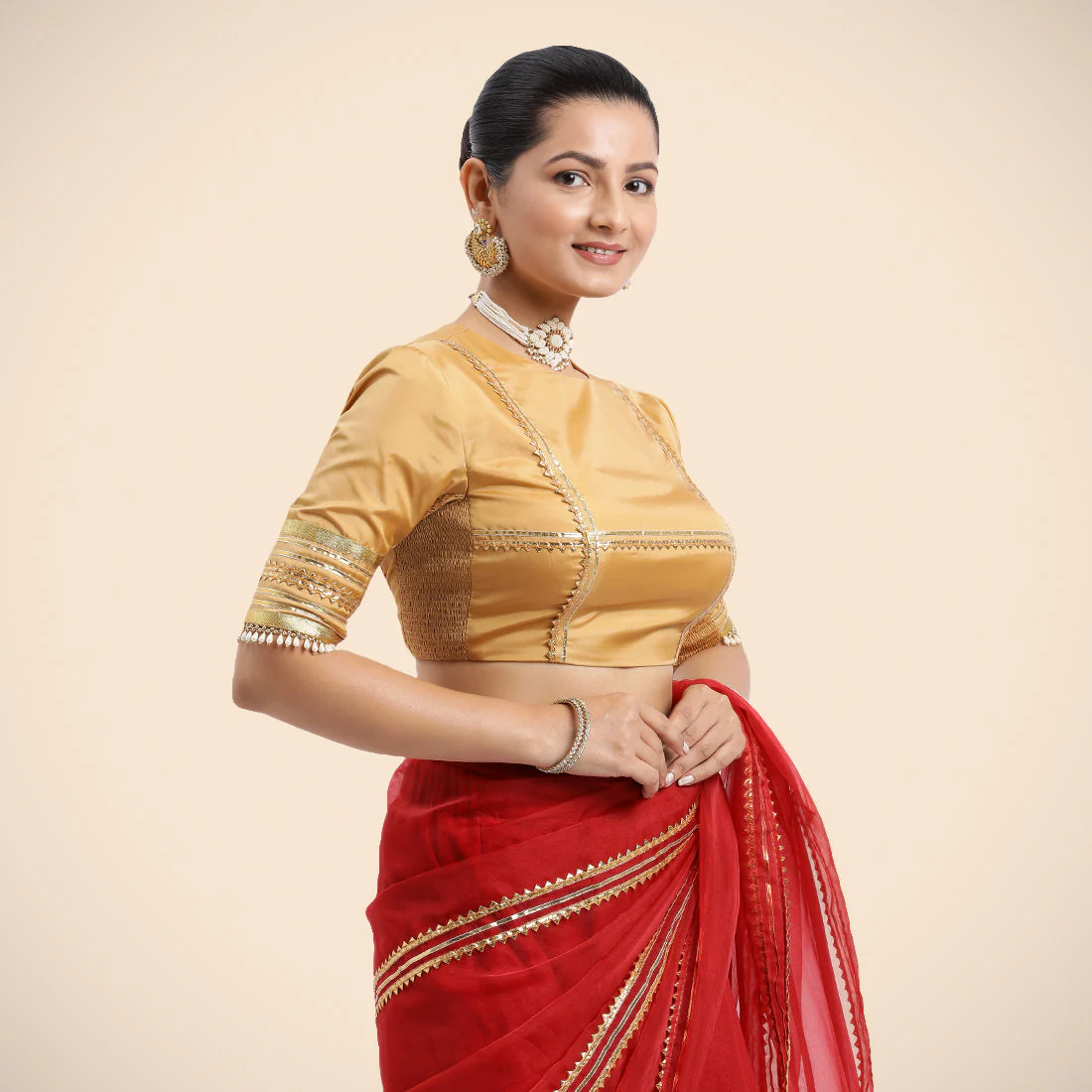 Farheen x Tyohaar | Gold Embellished Elbow Sleeves FlexiFit™ Saree Blouse with Zero Neck with Back Cut-Out and Golden Gota Embellishment - Image 10