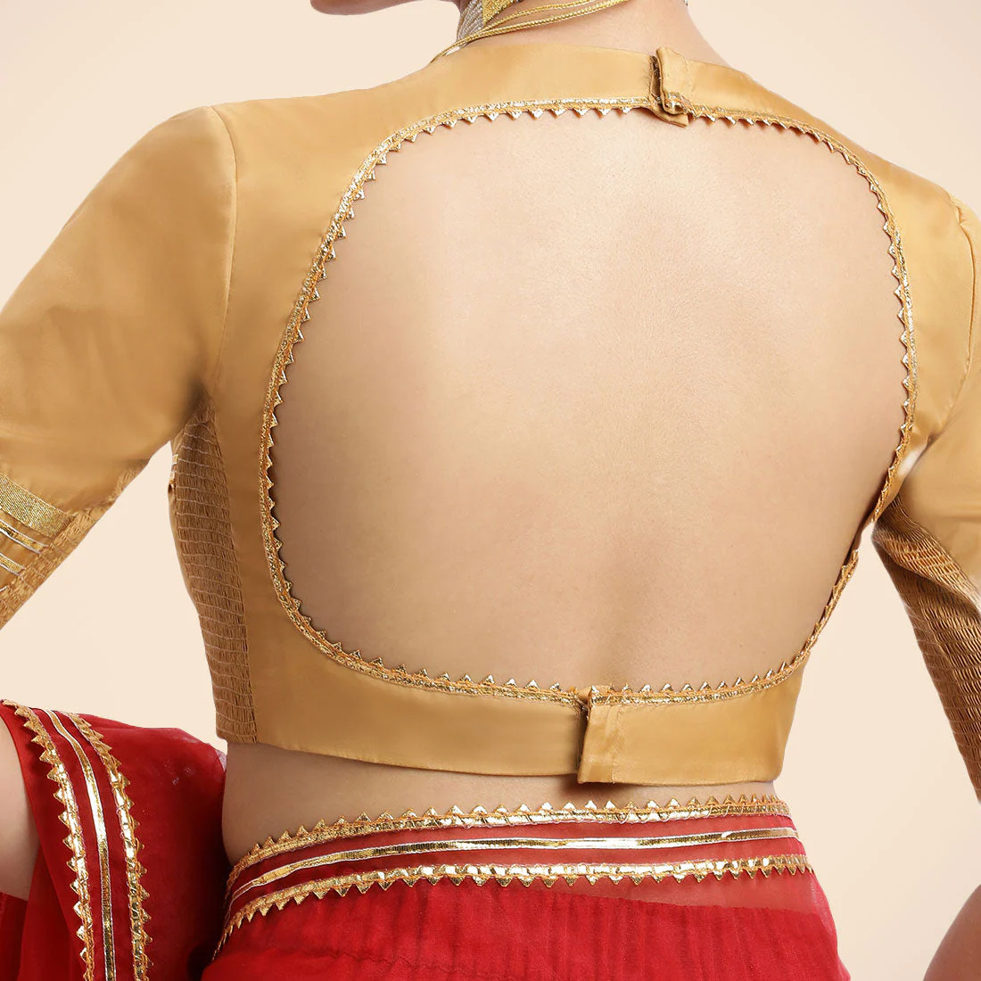 Farheen x Tyohaar | Gold Embellished Elbow Sleeves FlexiFit™ Saree Blouse with Zero Neck with Back Cut-Out and Golden Gota Embellishment - Image 11
