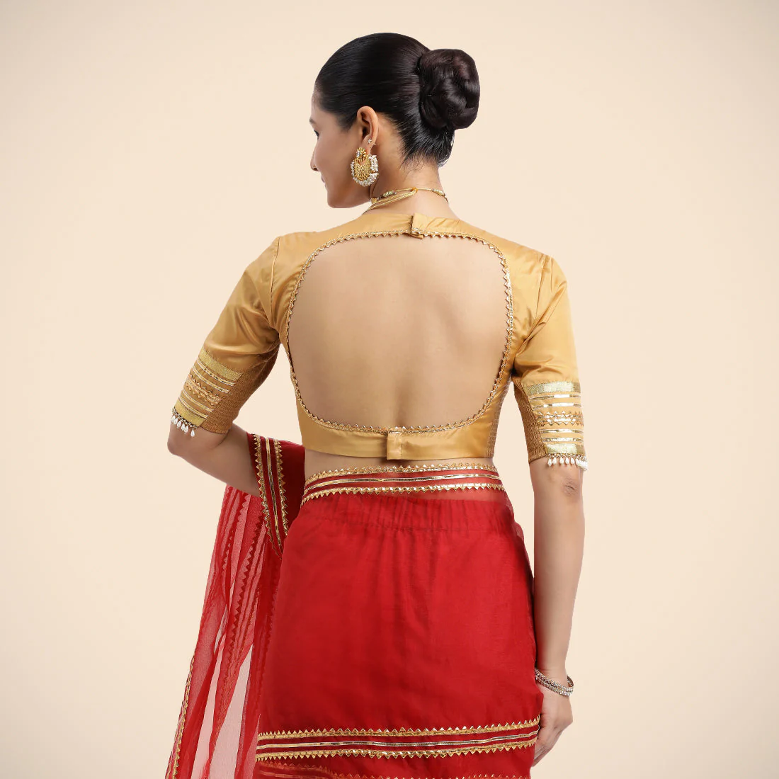 Farheen x Tyohaar | Gold Embellished Elbow Sleeves FlexiFit™ Saree Blouse with Zero Neck with Back Cut-Out and Golden Gota Embellishment - Image 12