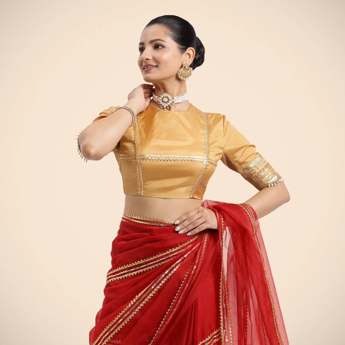 Farheen x Tyohaar | Gold Embellished Elbow Sleeves FlexiFit™ Saree Blouse with Zero Neck with Back Cut-Out and Golden Gota Embellishment - Image 14