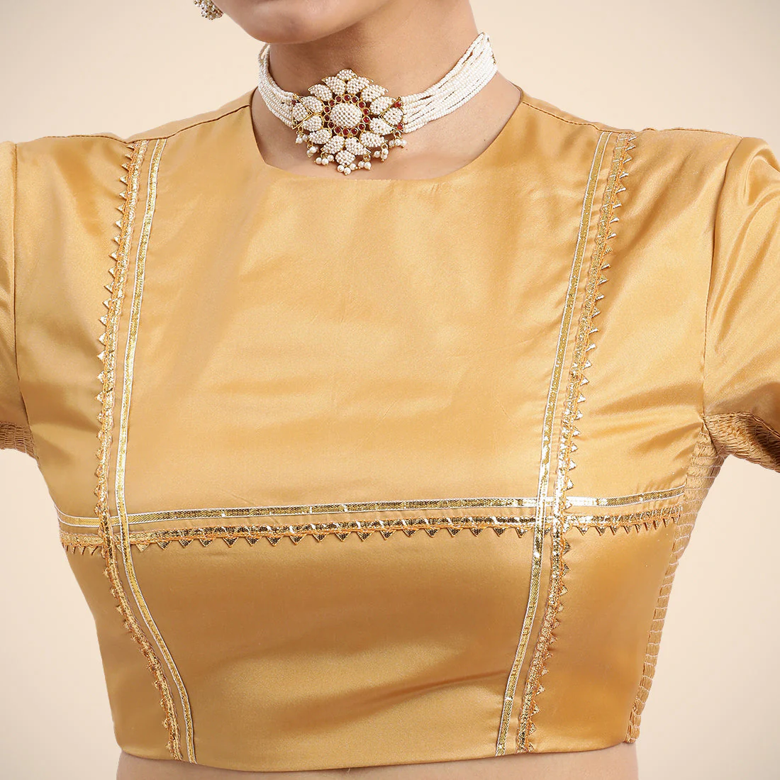 Farheen x Tyohaar | Gold Embellished Elbow Sleeves FlexiFit™ Saree Blouse with Zero Neck with Back Cut-Out and Golden Gota Embellishment - Image 16