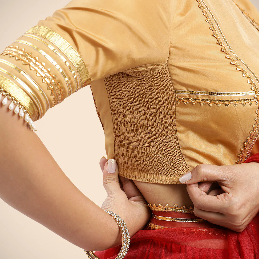 Farheen x Tyohaar | Gold Embellished Elbow Sleeves FlexiFit™ Saree Blouse with Zero Neck with Back Cut-Out and Golden Gota Embellishment - Image 17