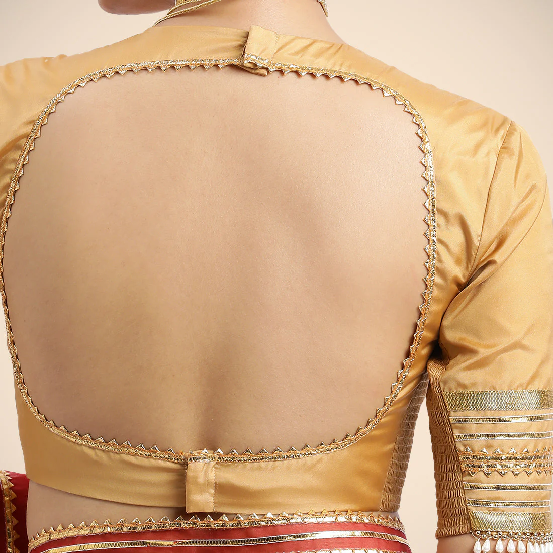 Farheen x Tyohaar | Gold Embellished Elbow Sleeves FlexiFit™ Saree Blouse with Zero Neck with Back Cut-Out and Golden Gota Embellishment - Image 18