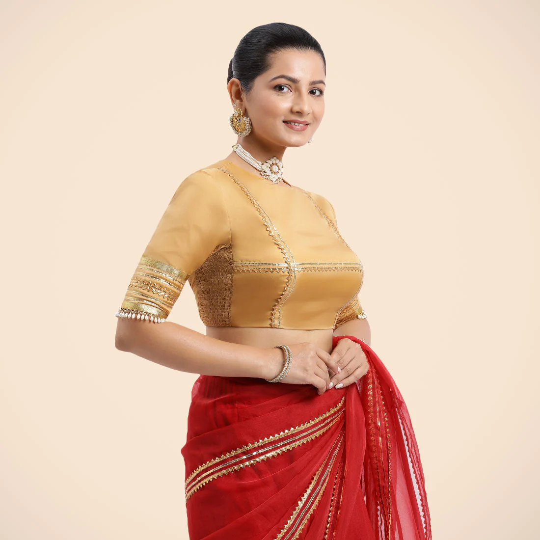 Farheen x Tyohaar | Gold Embellished Elbow Sleeves FlexiFit™ Saree Blouse with Zero Neck with Back Cut-Out and Golden Gota Embellishment - Image 19