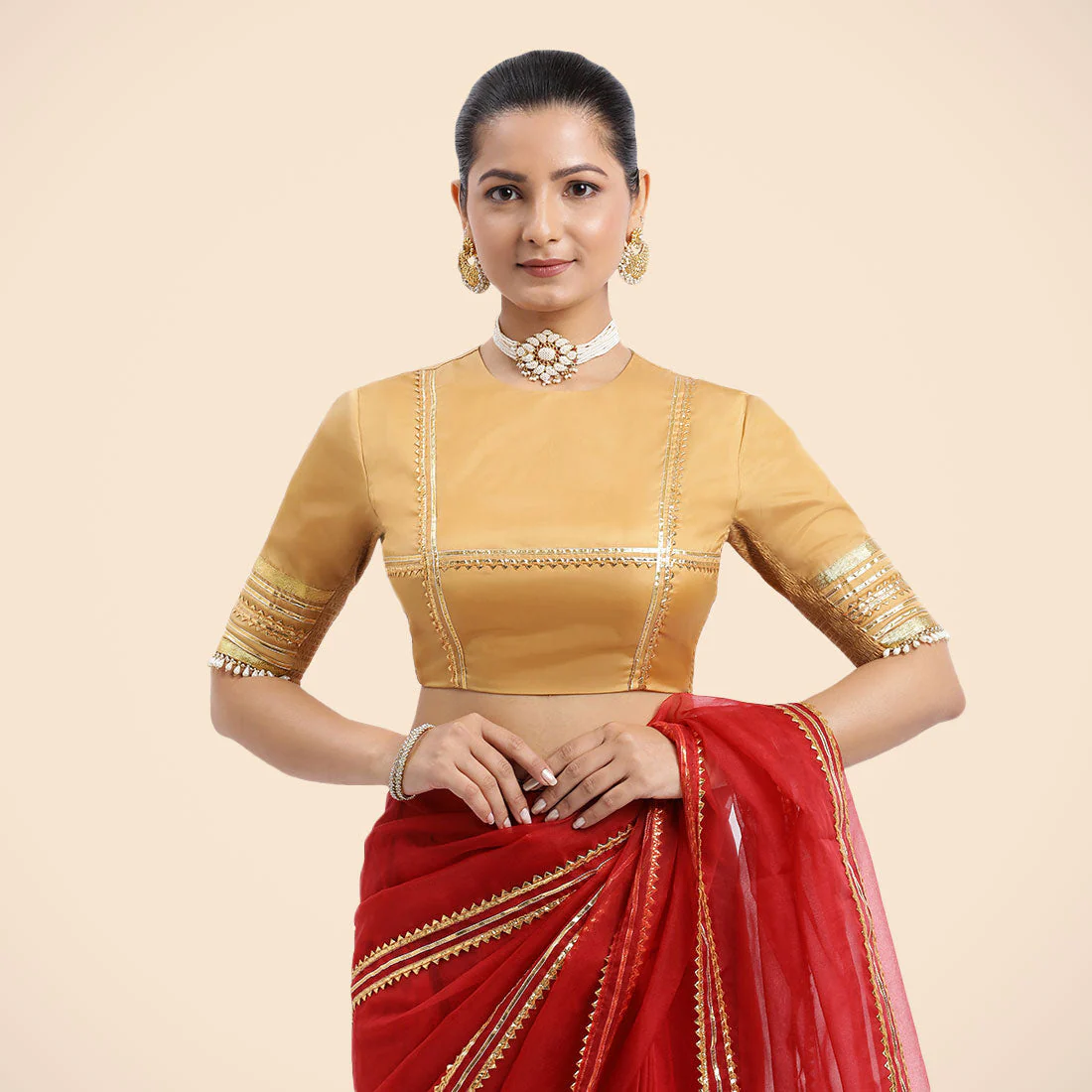 Farheen x Tyohaar | Gold Embellished Elbow Sleeves FlexiFit™ Saree Blouse with Zero Neck with Back Cut-Out and Golden Gota Embellishment - Image 20
