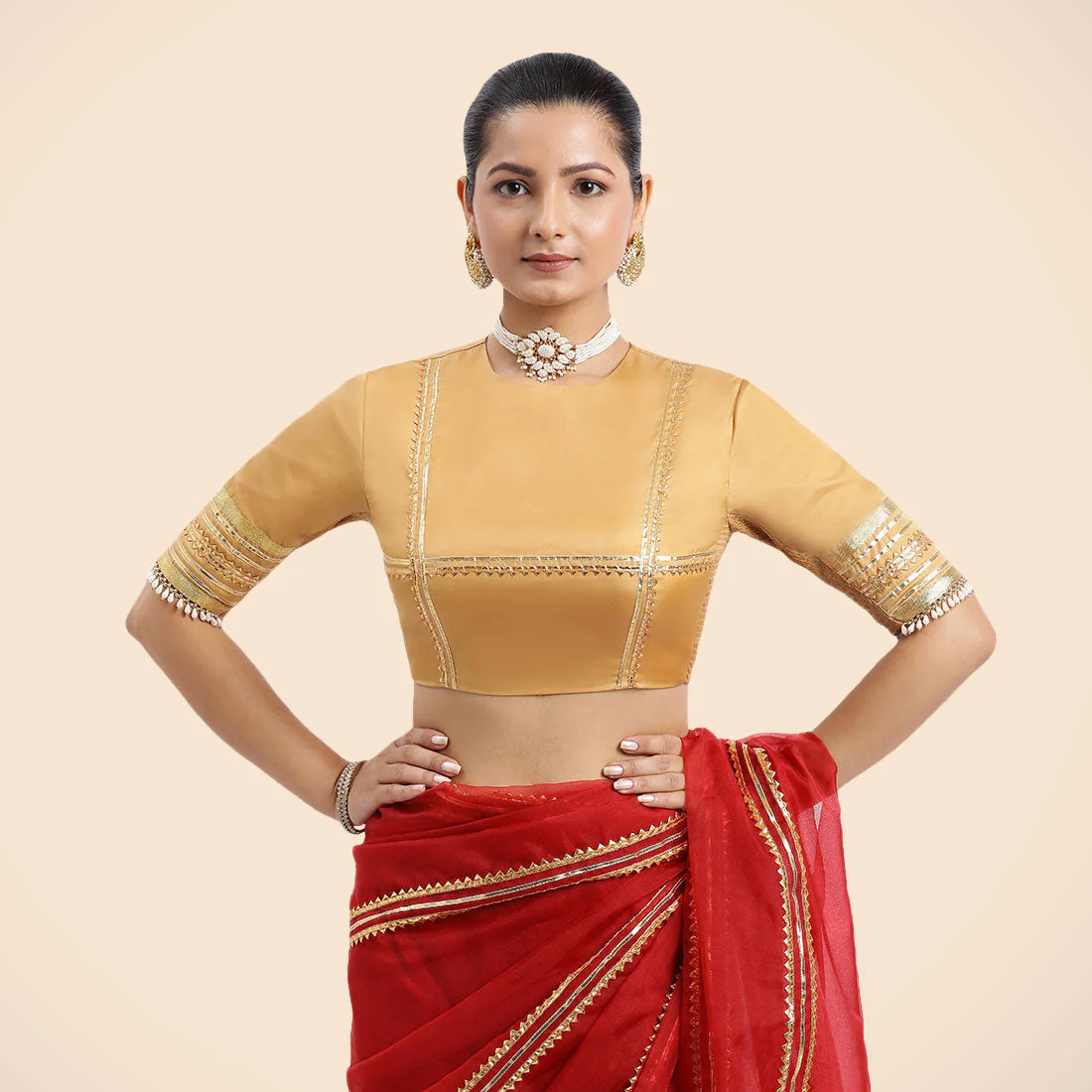 Farheen x Tyohaar | Gold Embellished Elbow Sleeves FlexiFit™ Saree Blouse with Zero Neck with Back Cut-Out and Golden Gota Embellishment - Image 3