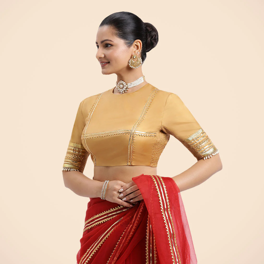 Farheen x Tyohaar | Gold Embellished Elbow Sleeves FlexiFit™ Saree Blouse with Zero Neck with Back Cut-Out and Golden Gota Embellishment - Image 5