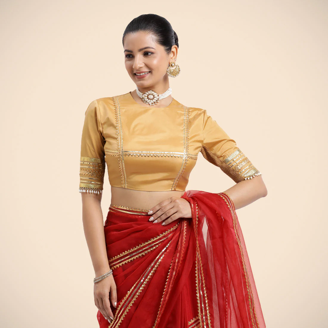 Farheen x Tyohaar | Gold Embellished Elbow Sleeves FlexiFit™ Saree Blouse with Zero Neck with Back Cut-Out and Golden Gota Embellishment - Image 6