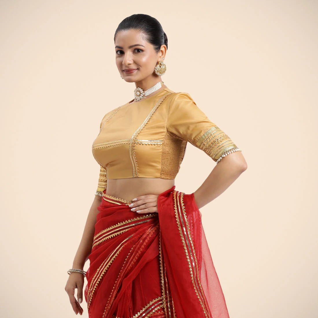 Farheen x Tyohaar | Gold Embellished Elbow Sleeves FlexiFit™ Saree Blouse with Zero Neck with Back Cut-Out and Golden Gota Embellishment - Image 8
