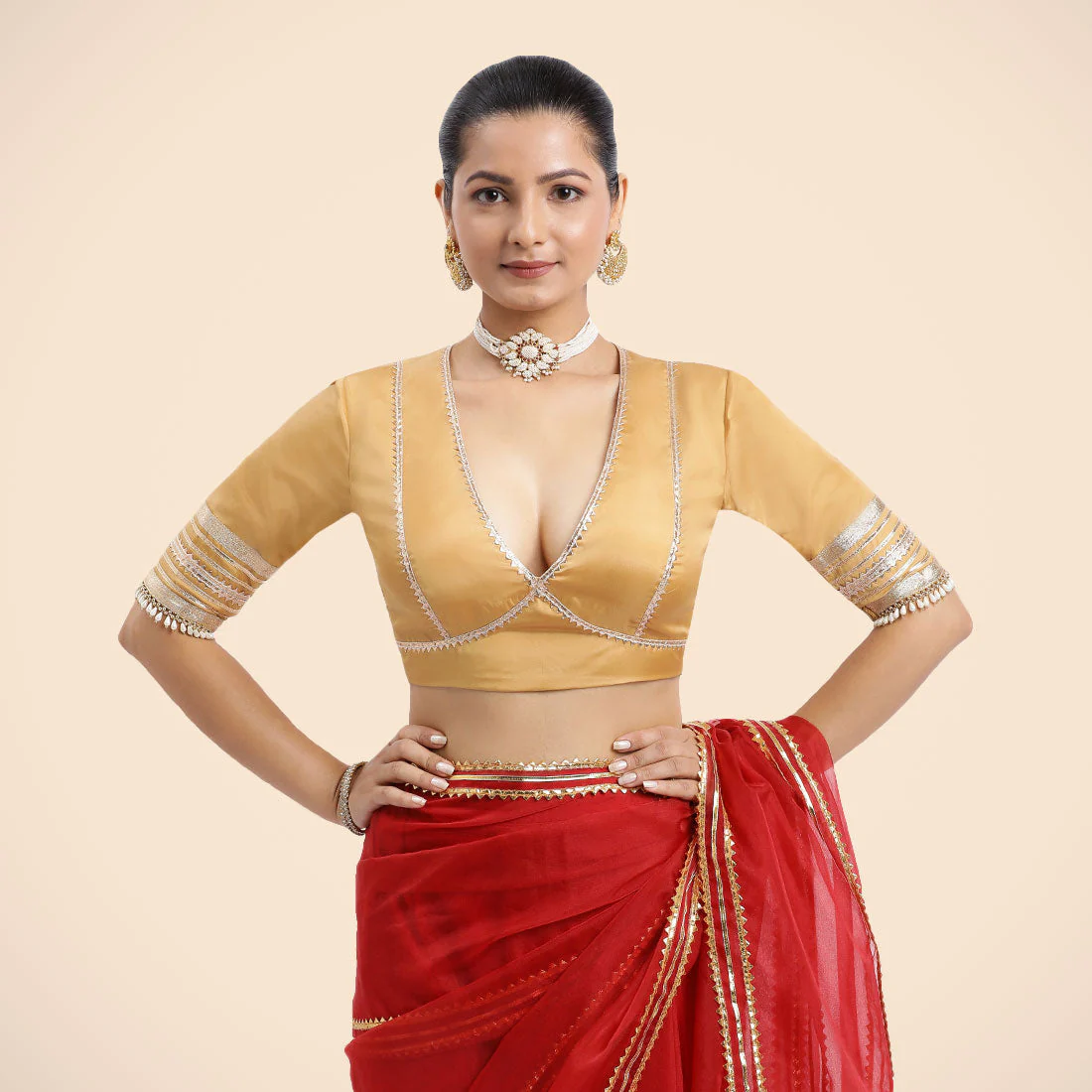 Nafeeza x Tyohaar | Gold Embellished Elbow Sleeves FlexiFit™ Saree Blouse with Plunging V Neckline with Tasteful Golden Gota Lace - Image 10