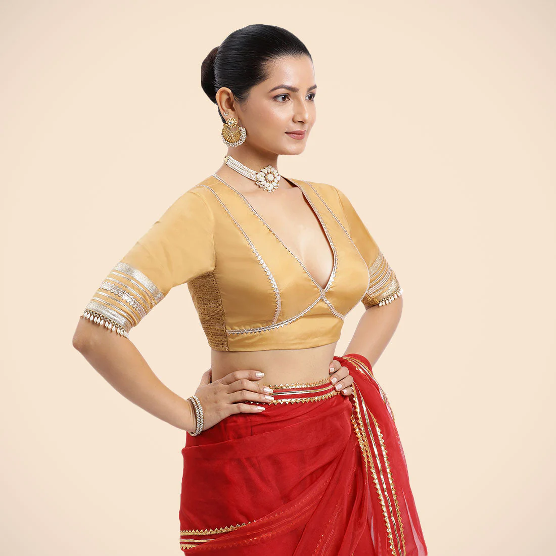 Nafeeza x Tyohaar | Gold Embellished Elbow Sleeves FlexiFit™ Saree Blouse with Plunging V Neckline with Tasteful Golden Gota Lace - Image 11