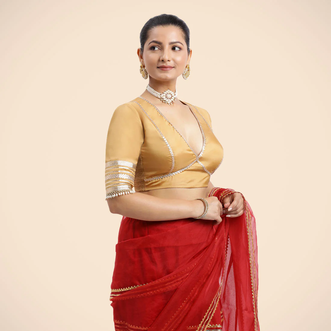 Nafeeza x Tyohaar | Gold Embellished Elbow Sleeves FlexiFit™ Saree Blouse with Plunging V Neckline with Tasteful Golden Gota Lace - Image 14