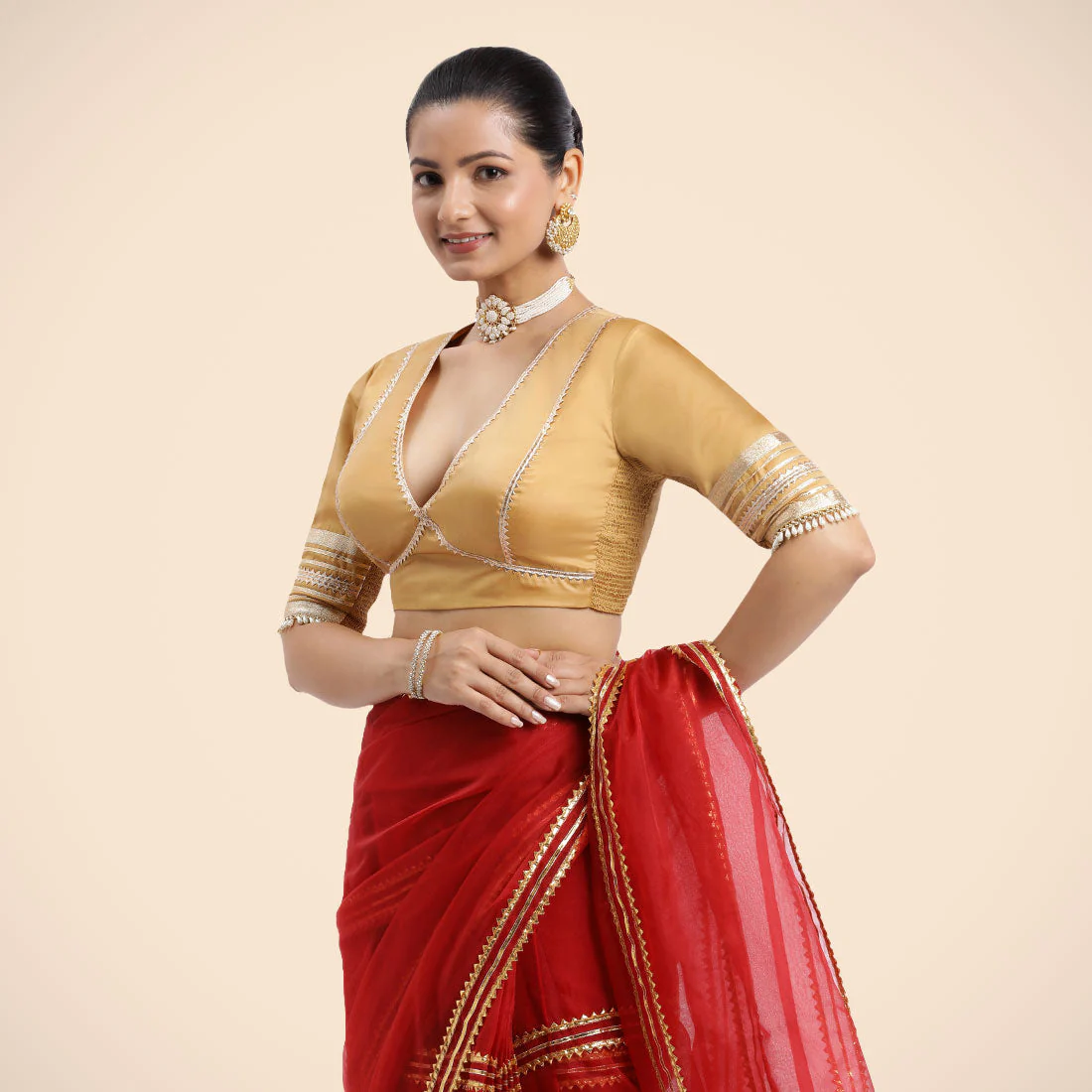 Nafeeza x Tyohaar | Gold Embellished Elbow Sleeves FlexiFit™ Saree Blouse with Plunging V Neckline with Tasteful Golden Gota Lace - Image 15