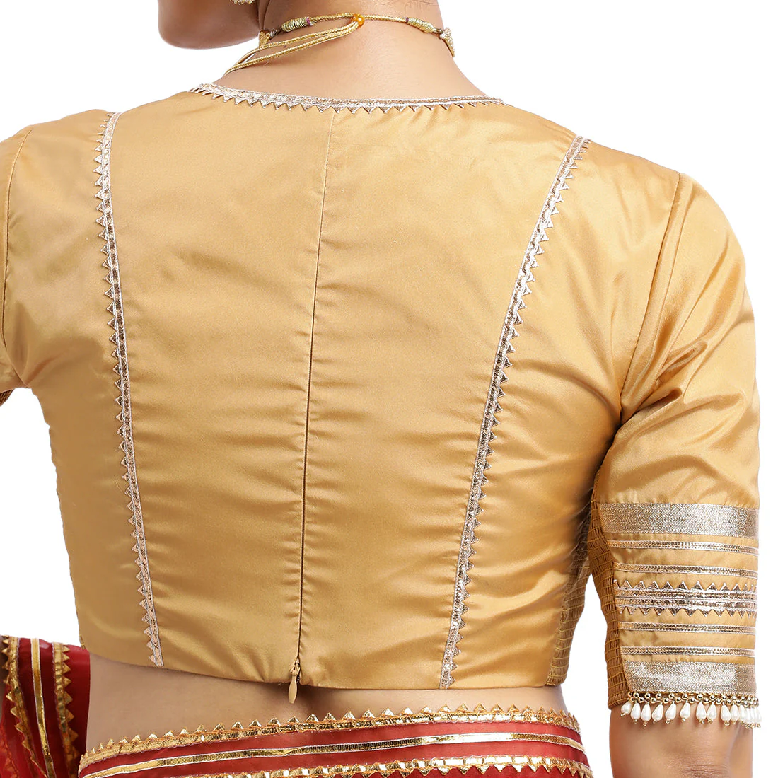 Nafeeza x Tyohaar | Gold Embellished Elbow Sleeves FlexiFit™ Saree Blouse with Plunging V Neckline with Tasteful Golden Gota Lace - Image 18