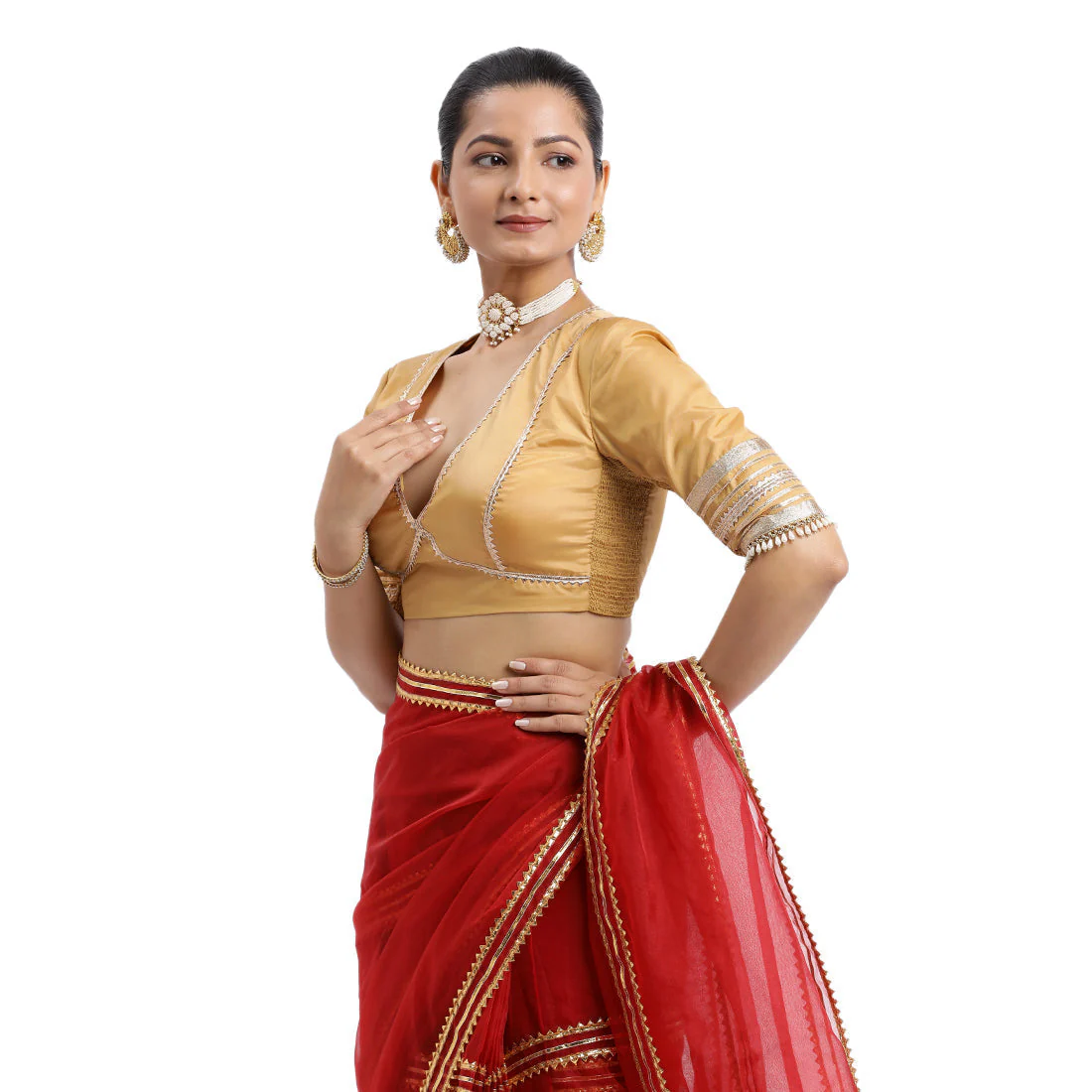 Nafeeza x Tyohaar | Gold Embellished Elbow Sleeves FlexiFit™ Saree Blouse with Plunging V Neckline with Tasteful Golden Gota Lace - Image 21