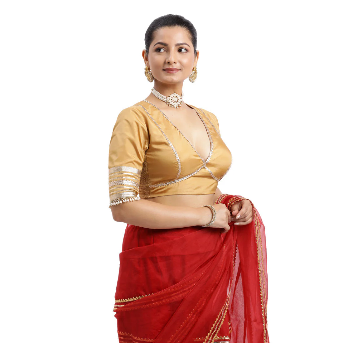 Nafeeza x Tyohaar | Gold Embellished Elbow Sleeves FlexiFit™ Saree Blouse with Plunging V Neckline with Tasteful Golden Gota Lace - Image 22