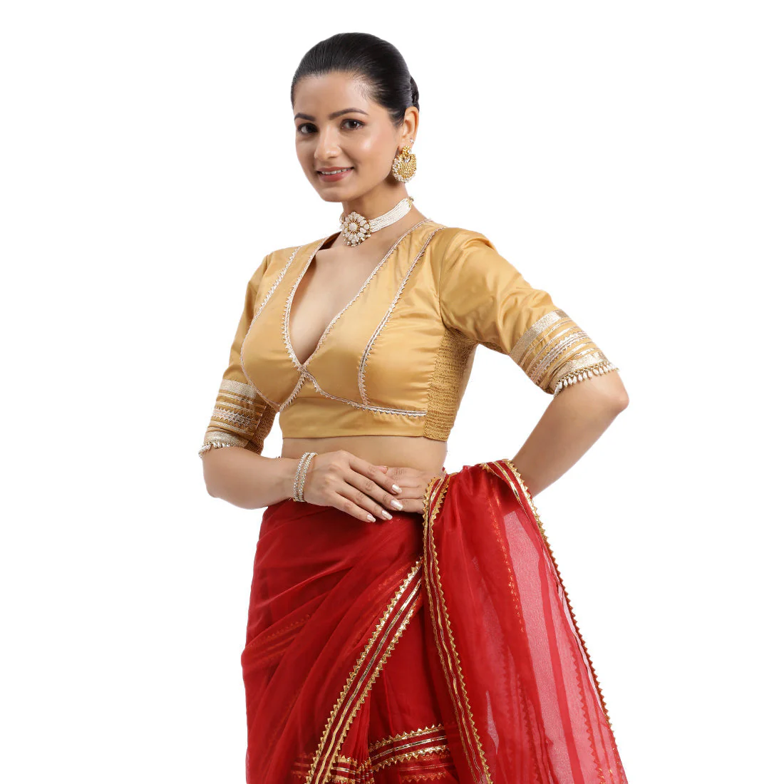 Nafeeza x Tyohaar | Gold Embellished Elbow Sleeves FlexiFit™ Saree Blouse with Plunging V Neckline with Tasteful Golden Gota Lace - Image 23