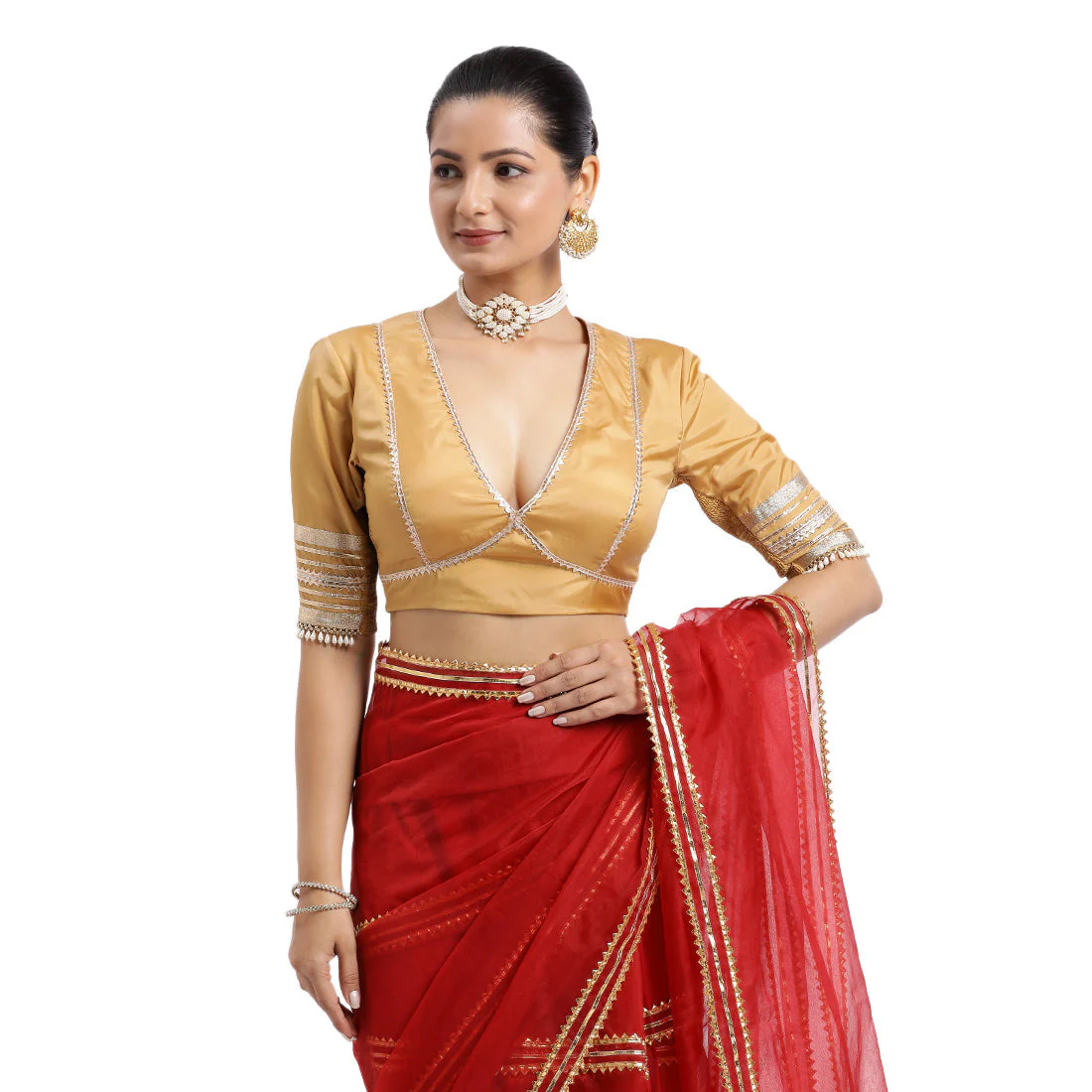 Nafeeza x Tyohaar | Gold Embellished Elbow Sleeves FlexiFit™ Saree Blouse with Plunging V Neckline with Tasteful Golden Gota Lace - Image 24