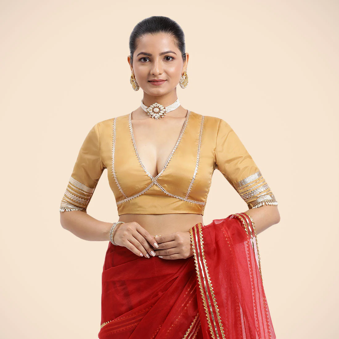 Nafeeza x Tyohaar | Gold Embellished Elbow Sleeves FlexiFit™ Saree Blouse with Plunging V Neckline with Tasteful Golden Gota Lace - Image 5