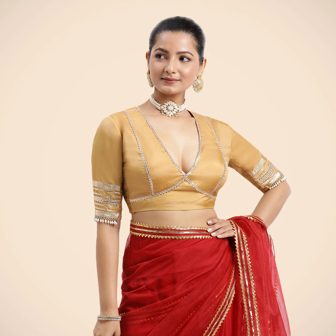 Nafeeza x Tyohaar | Gold Embellished Elbow Sleeves FlexiFit™ Saree Blouse with Plunging V Neckline with Tasteful Golden Gota Lace - Image 7