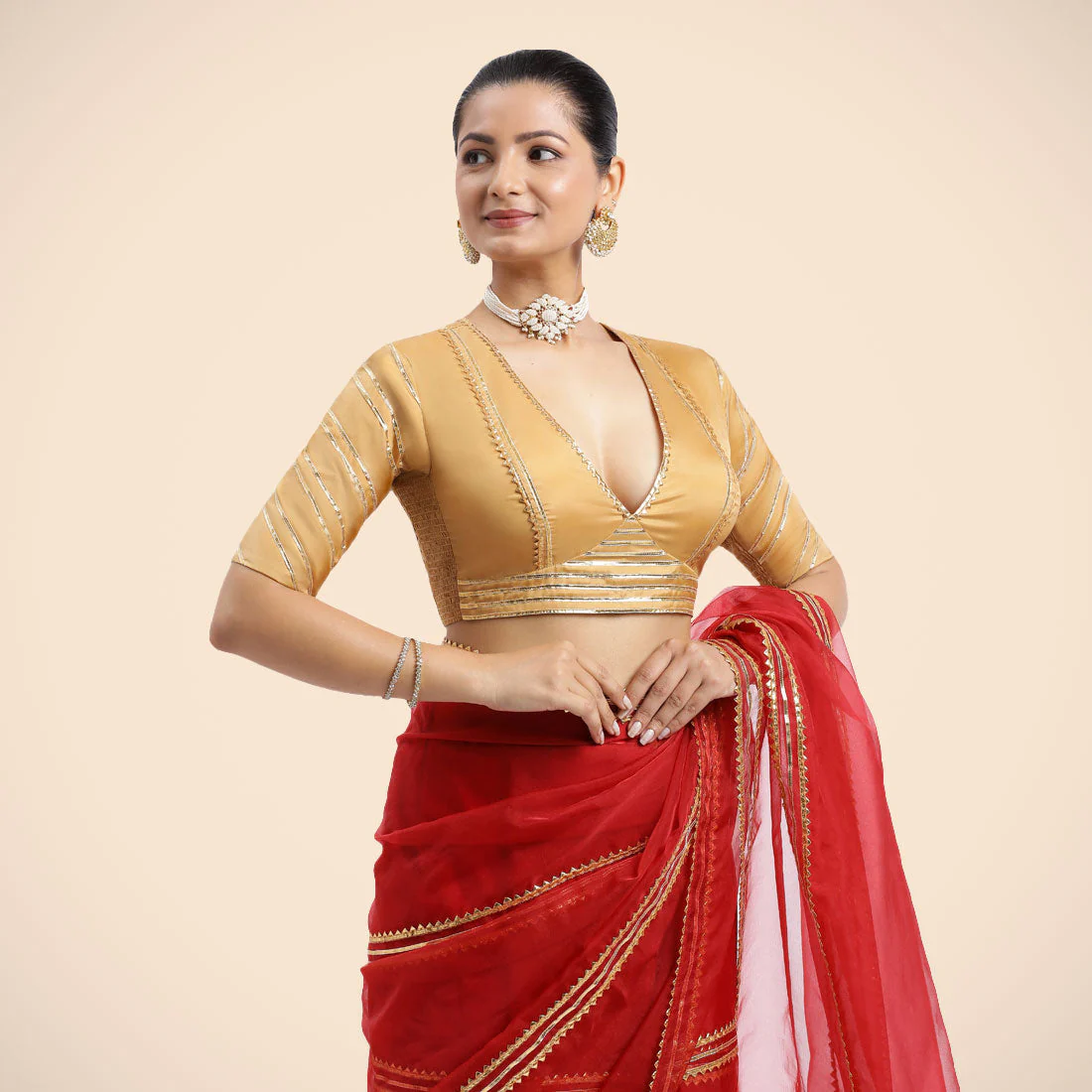 Navya x Tyohaar | Gold Elbow Sleeves FlexiFit™ Saree Blouse with Plunging V Neckline with Tasteful Golden Gota Lace - Image 5