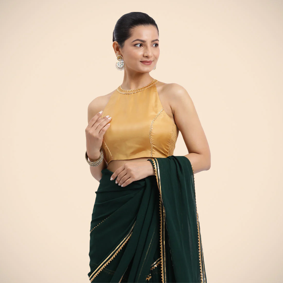 Zubeida x Tyohaar | Gold Halterneck FlexiFit™ Saree Blouse with Elegant Golden Gota Embellishment on Princess Line - Image 5
