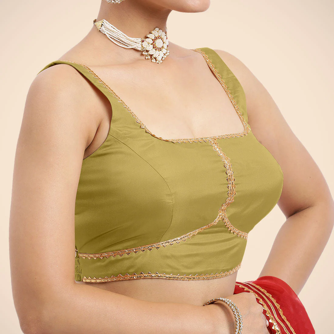 Arya x Tyohaar | Lemon Yellow Sleeveless FlexiFit™ Saree Blouse with Square Neck and Back Window Embellished with Golden Gota and Pearl Lace - Image 5