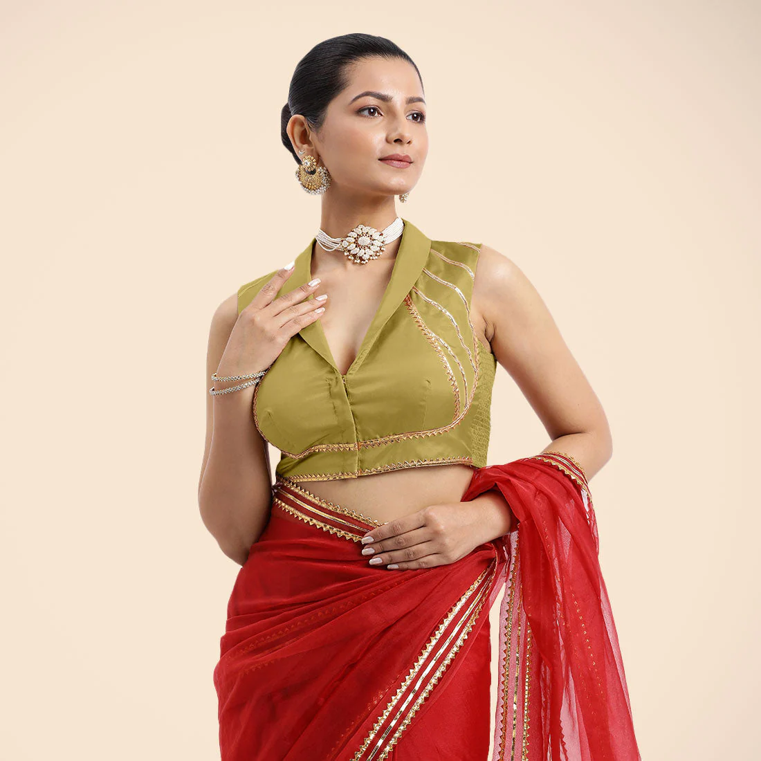 Avni x Tyohaar | Lemon Yellow Sleeveless FlexiFit™ Saree Blouse with Elegant Shawl Collar with Golden Gota Lace Embellishment - Image 5