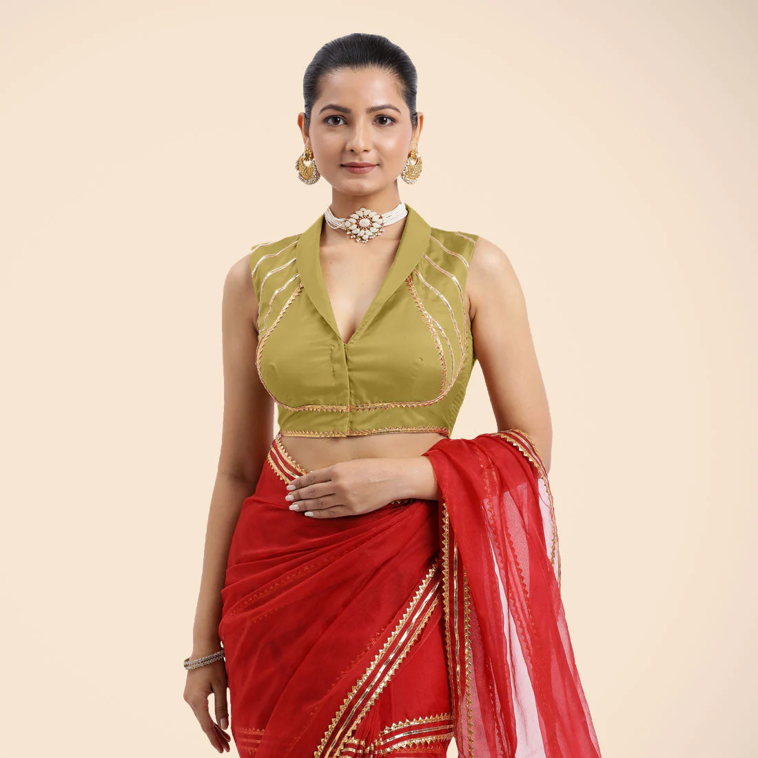 Avni x Tyohaar | Lemon Yellow Sleeveless FlexiFit™ Saree Blouse with Elegant Shawl Collar with Golden Gota Lace Embellishment - Image 6