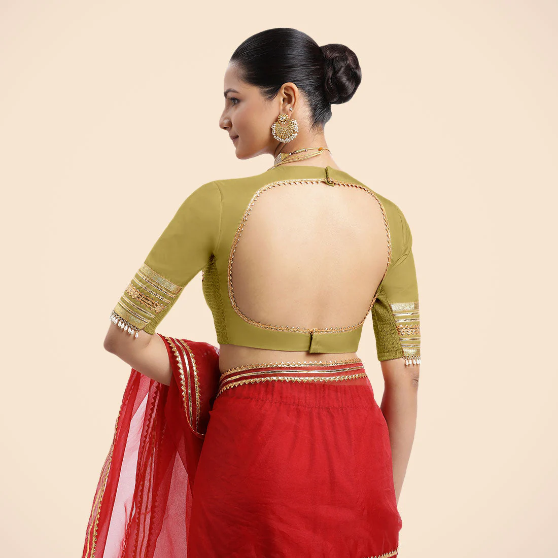 Farheen x Tyohaar | Lemon Yellow Embellished Elbow Sleeves FlexiFit™ Saree Blouse with Zero Neck with Back Cut-Out and Golden Gota Embellishment - Image 11