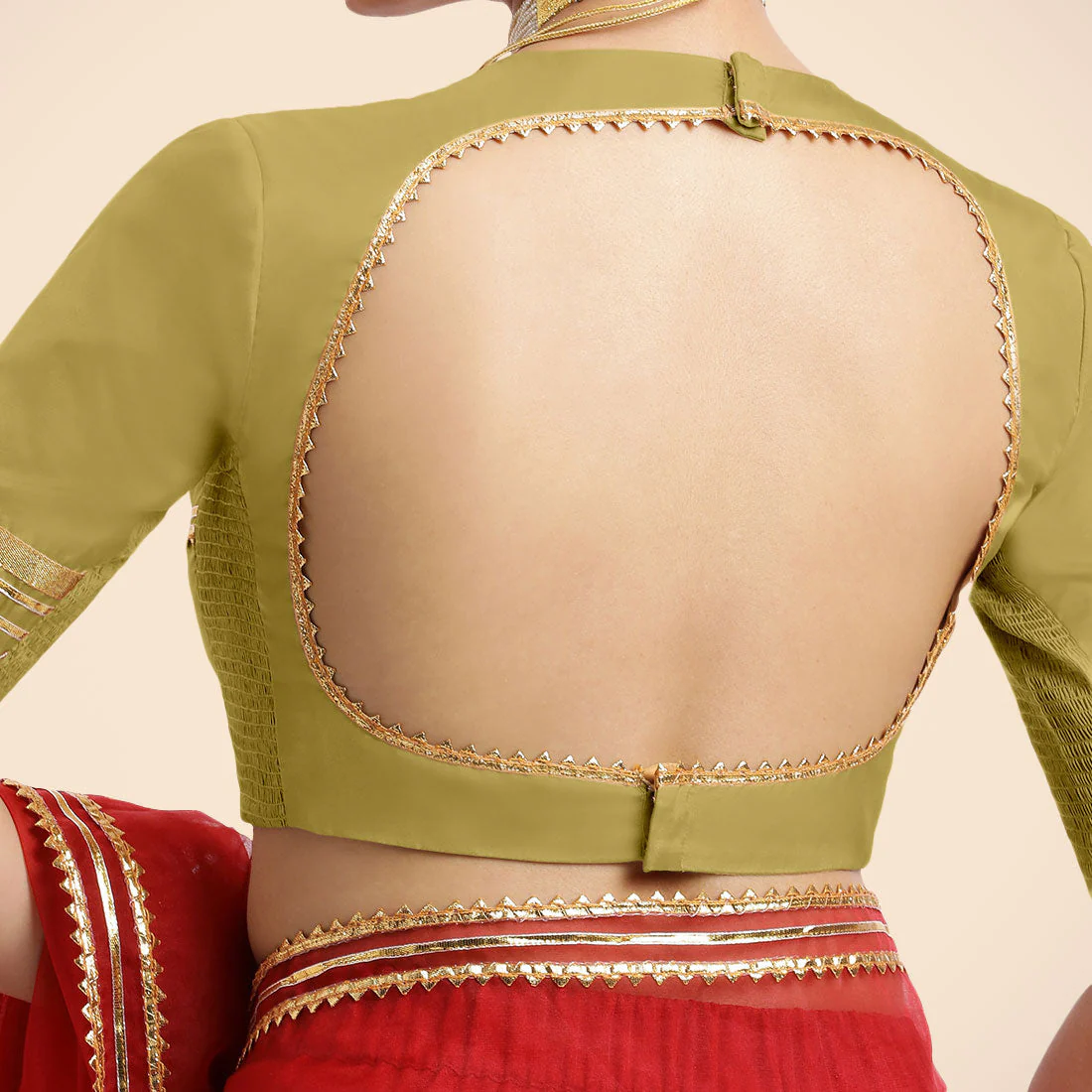 Farheen x Tyohaar | Lemon Yellow Embellished Elbow Sleeves FlexiFit™ Saree Blouse with Zero Neck with Back Cut-Out and Golden Gota Embellishment - Image 2