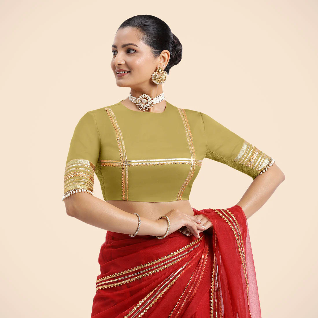 Farheen x Tyohaar | Lemon Yellow Embellished Elbow Sleeves FlexiFit™ Saree Blouse with Zero Neck with Back Cut-Out and Golden Gota Embellishment - Image 5