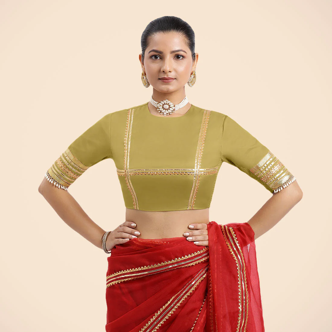 Farheen x Tyohaar | Lemon Yellow Embellished Elbow Sleeves FlexiFit™ Saree Blouse with Zero Neck with Back Cut-Out and Golden Gota Embellishment - Image 7