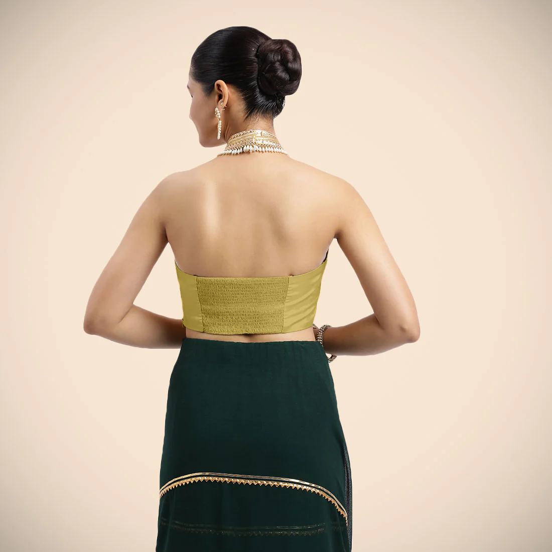 Laila x Tyohaar | Lemon Yellow Halterneck FlexiFit™ Saree Blouse with Heavy Golden Gota and Pearl Embellishments - Image 4