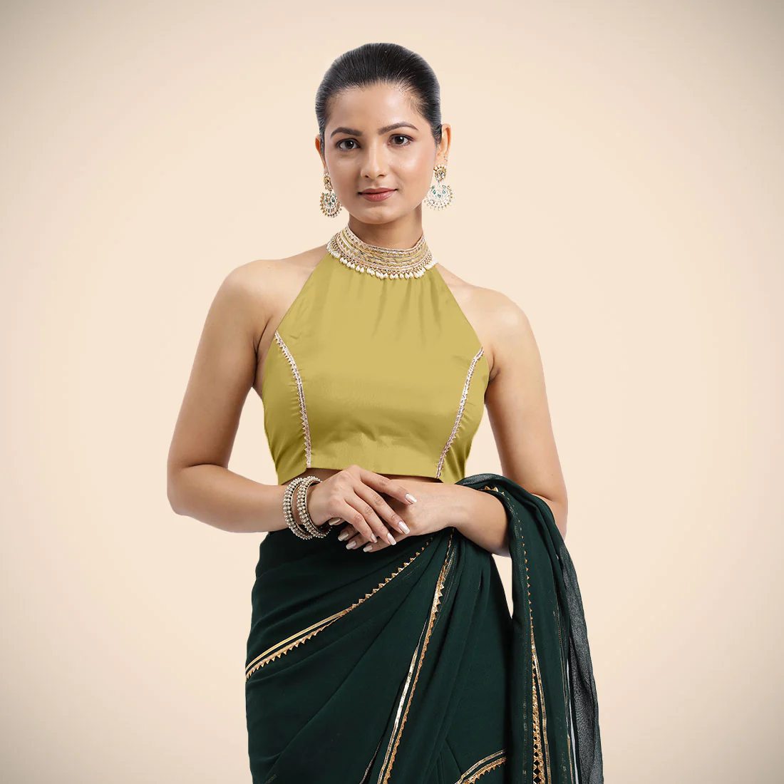Laila x Tyohaar | Lemon Yellow Halterneck FlexiFit™ Saree Blouse with Heavy Golden Gota and Pearl Embellishments - Image 5