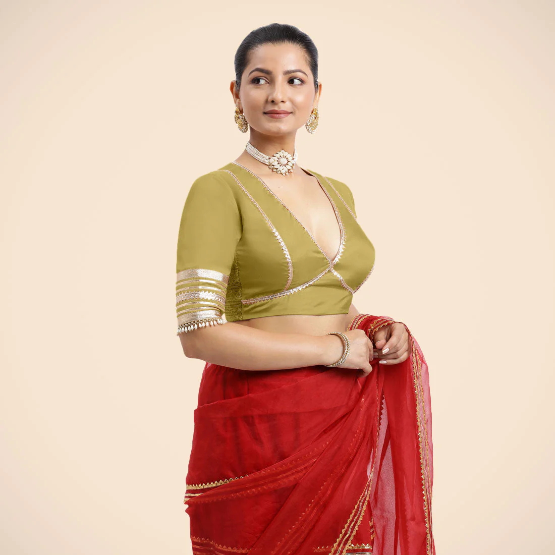 Nafeeza x Tyohaar | Lemon Yellow Embellished Elbow Sleeves FlexiFit™ Saree Blouse with Plunging V Neckline with Tasteful Golden Gota Lace - Image 15