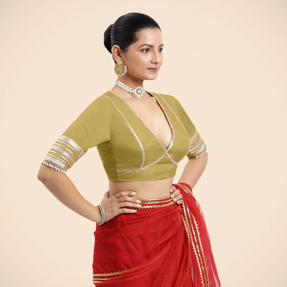 Nafeeza x Tyohaar | Lemon Yellow Embellished Elbow Sleeves FlexiFit™ Saree Blouse with Plunging V Neckline with Tasteful Golden Gota Lace - Image 8