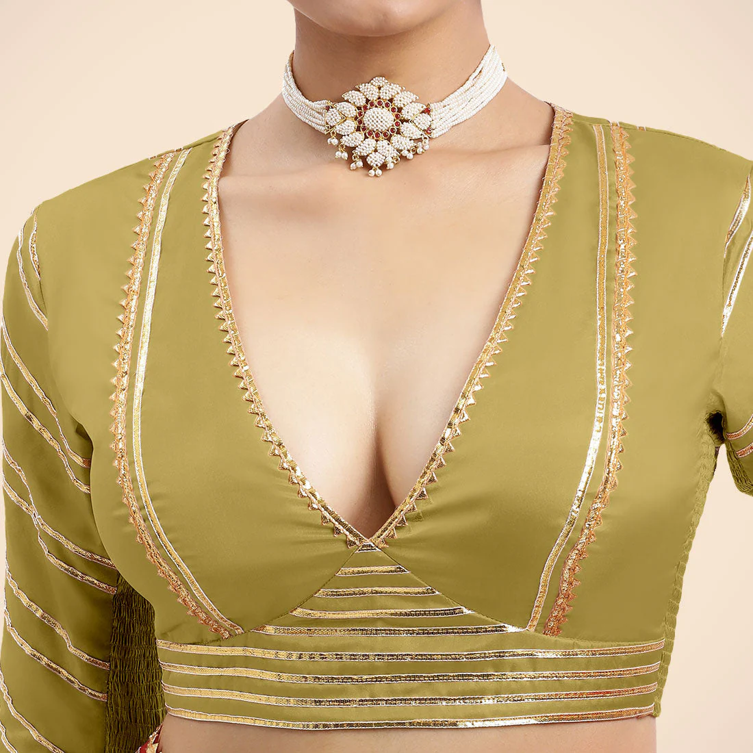 Navya x Tyohaar | Lemon Yellow Elbow Sleeves FlexiFit™ Saree Blouse with Plunging V Neckline with Tasteful Golden Gota Lace - Image 11