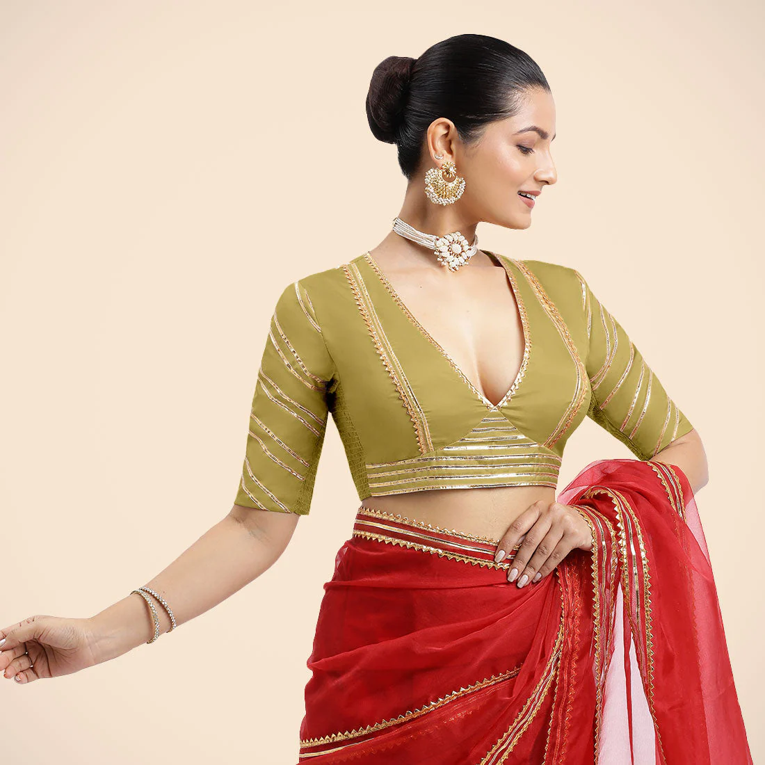Navya x Tyohaar | Lemon Yellow Elbow Sleeves FlexiFit™ Saree Blouse with Plunging V Neckline with Tasteful Golden Gota Lace - Image 7