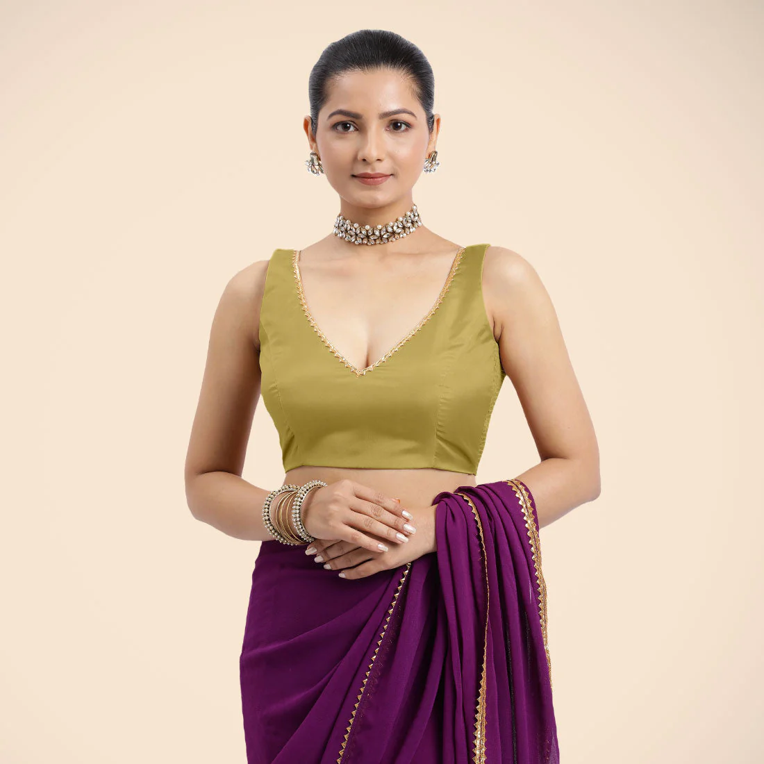 Raisa x Tyohaar | Lemon Yellow Sleeveless FlexiFit™ Saree Blouse with V Neckline with Golden Gota Lace Embellishment and Back Cut-out with Tie-Up - Image 6