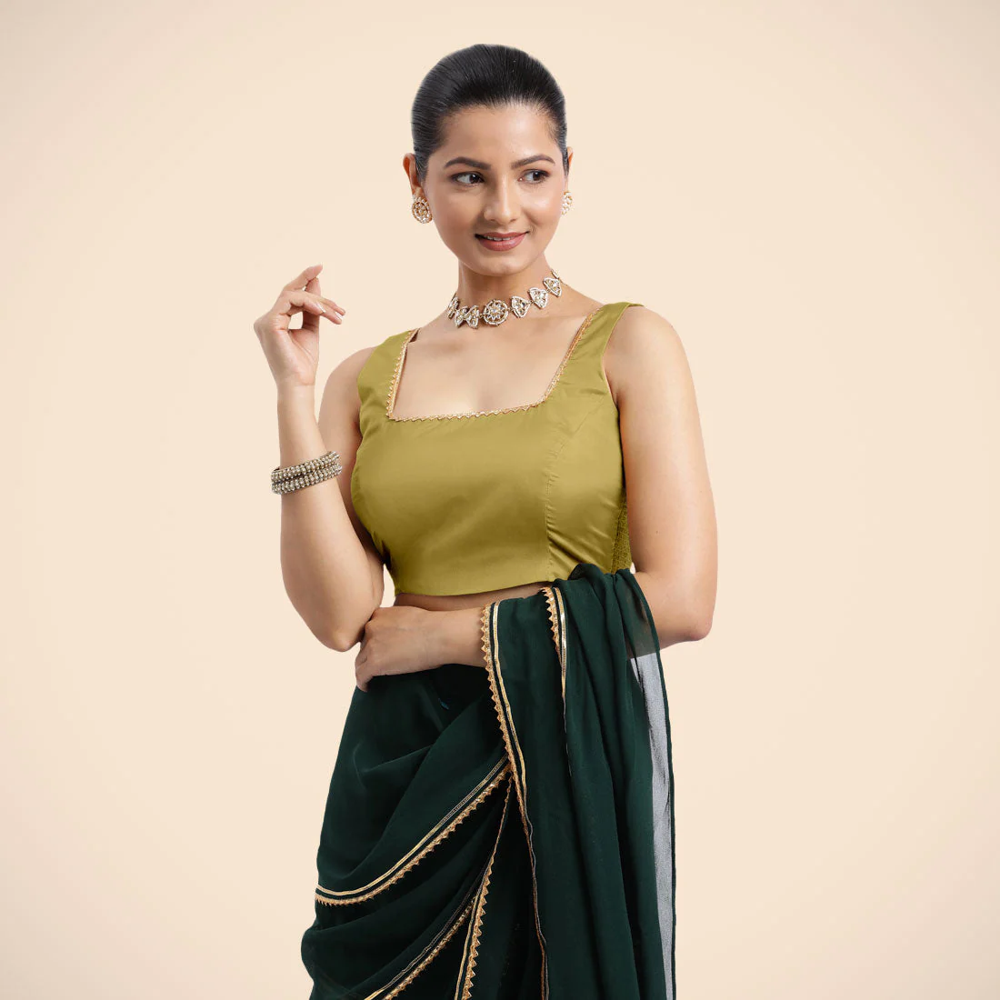 Tanvi x Tyohaar | Lemon Yellow Sleeveless FlexiFit™ Saree Blouse with Square Front Neck and Deep Back with Dori and Golden Gota Embellishment - Image 3