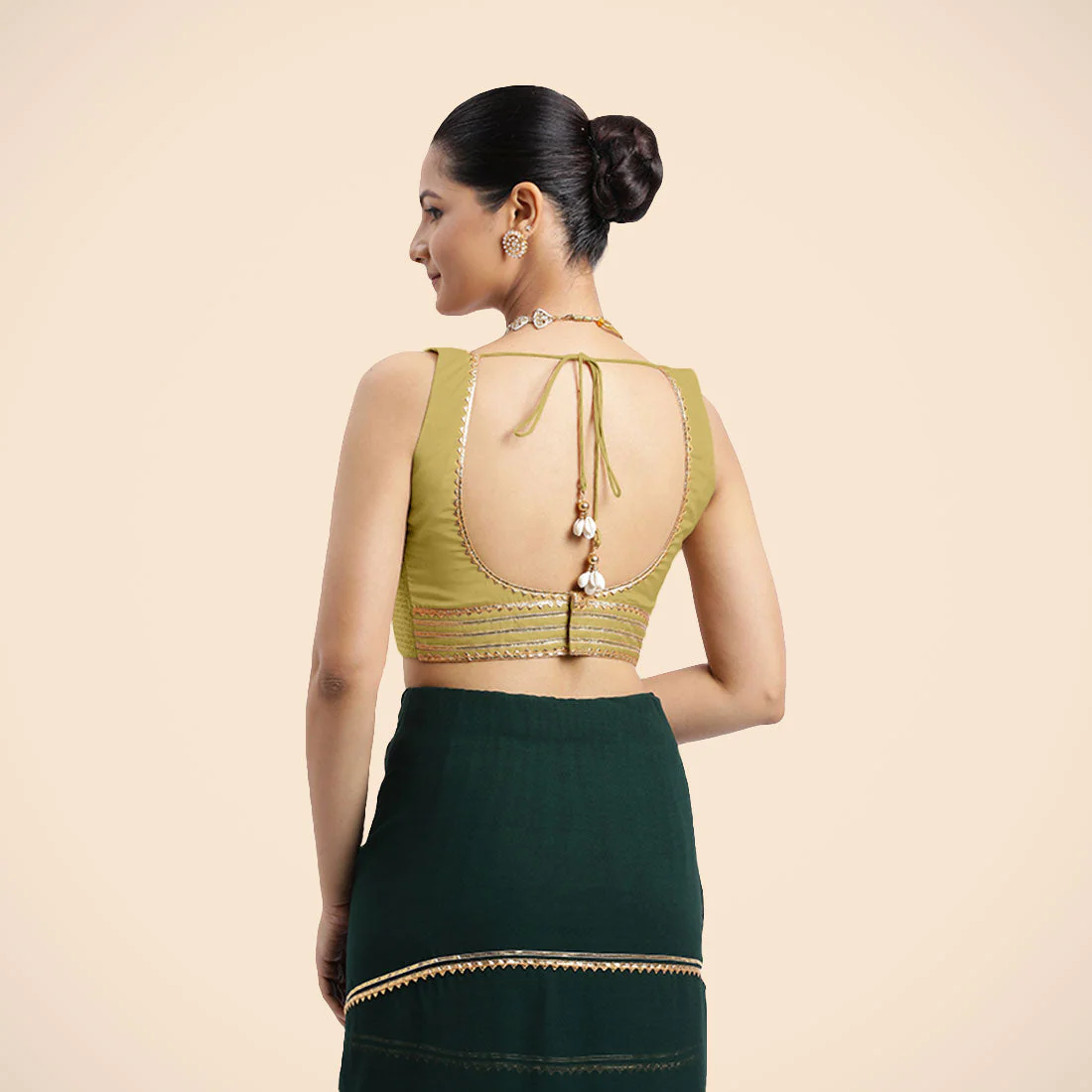 Tanvi x Tyohaar | Lemon Yellow Sleeveless FlexiFit™ Saree Blouse with Square Front Neck and Deep Back with Dori and Golden Gota Embellishment - Image 4