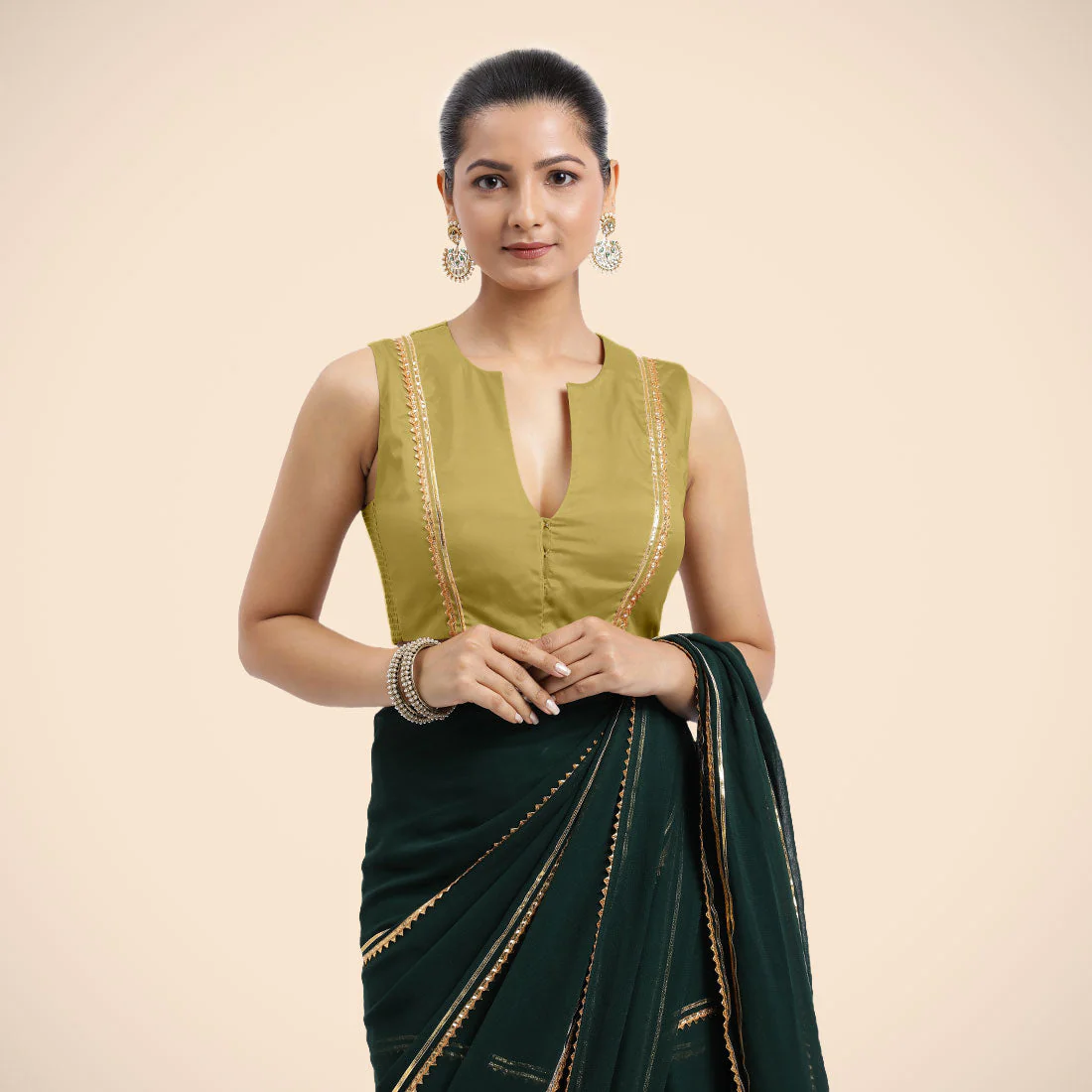Veena x Tyohaar | Lemon Yellow Sleeveless FlexiFit™ Saree Blouse with Front Open Closed Neckline with Slit and Golden Gota Lace - Image 6