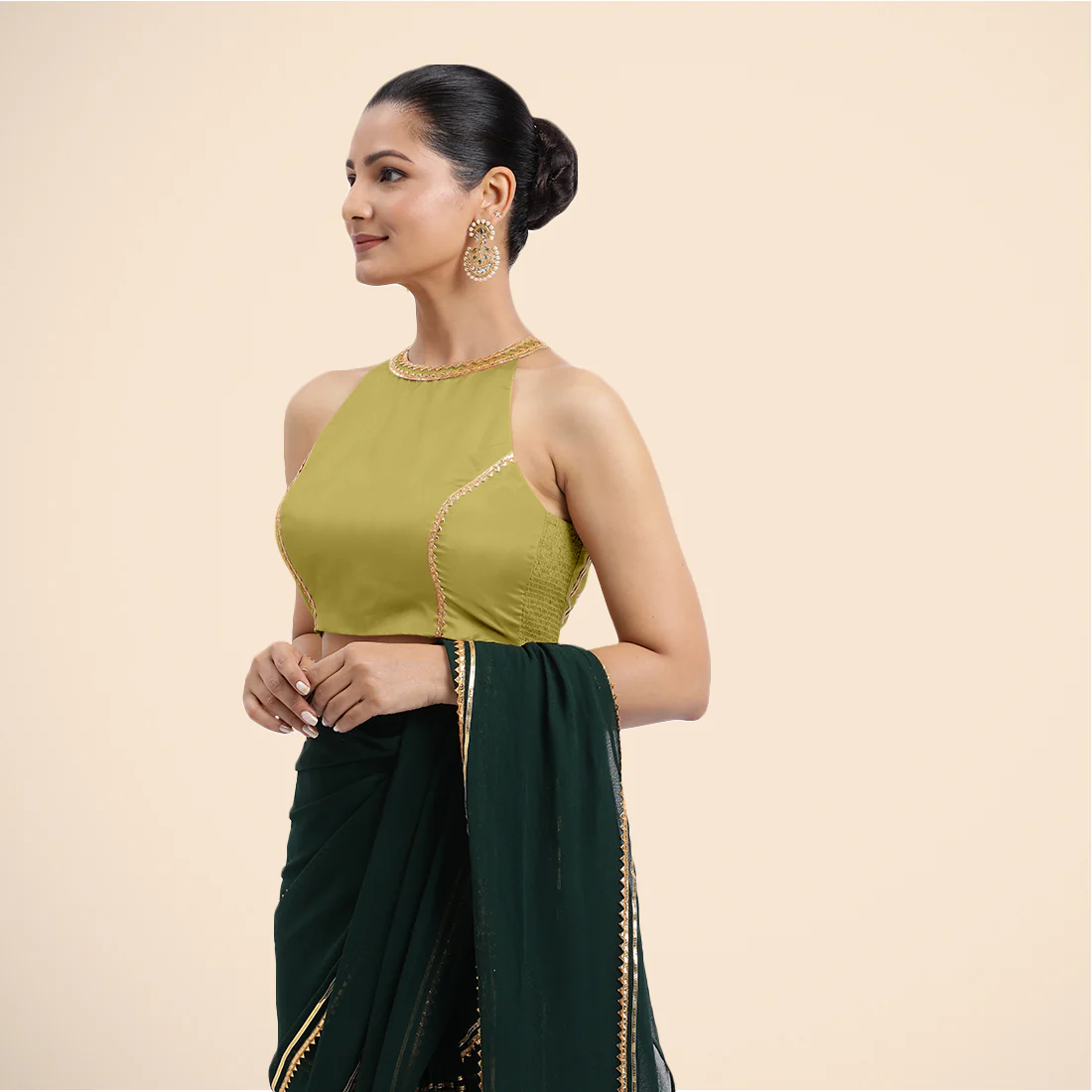Zubeida x Tyohaar | Lemon Yellow Halterneck FlexiFit™ Saree Blouse with Elegant Golden Gota Embellishment on Princess Line - Image 6
